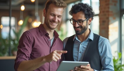 In a modern café filled with greenery, two men, one with light hair and the other with dark hair, are engaged in an animated discussion over a tablet. Their expressions radiate excitement and