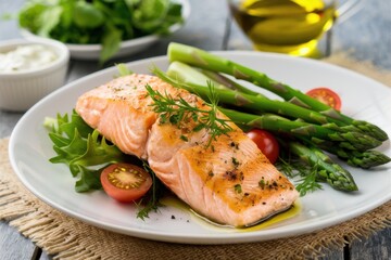 Grilled salmon fillet, vibrant green asparagus spears, cherry tomatoes, white ceramic plate, rustic wooden table, olive oil bottle, fresh herbs, healthy Mediterranean meal, food photography, soft natu