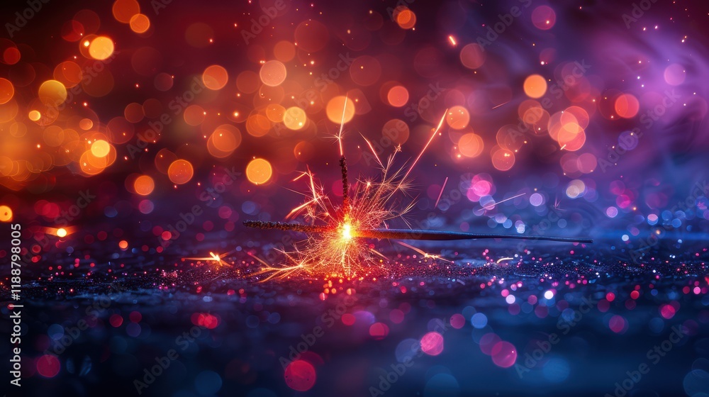 Poster burning sparkler with colorful bokeh lights on dark background.