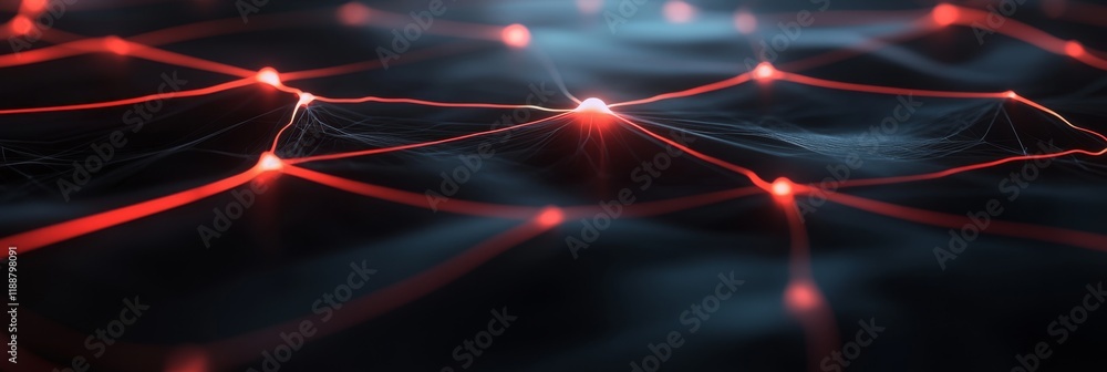 Poster glowing red network nodes on dark surface illustrating digital connectivity
