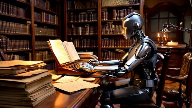 robot writing in vintage library surrounded by books and papers, combining advanced technology with classic intellectual atmosphere