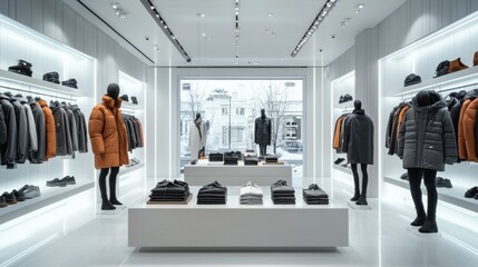 Fototapeta premium Fashion retail display urban boutique store interior modern design eye-level view trendy aesthetic