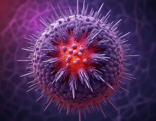 3D Microscopic Virus Particle with Spiky Proteins in Red and Purple Glow, COVID, PANDEMIC