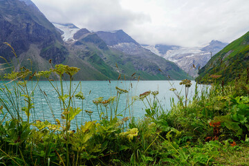 Kaprun high mountain reservoirs, Stausee Mooserboden coastline, August 20, 2024. Mountains, glacier, water reservoir under the cloudy sky but nice view before the storm through the green meadow grass.