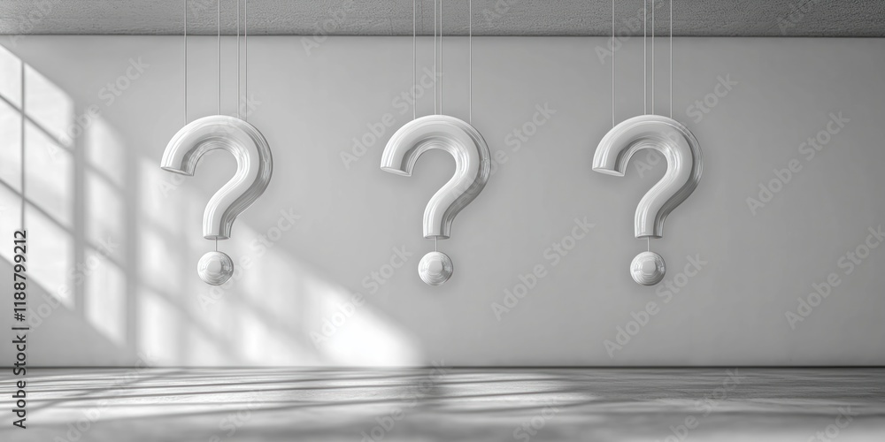 Poster modern minimalist interior design. three-dimensional question marks hang from ceiling. simple white 