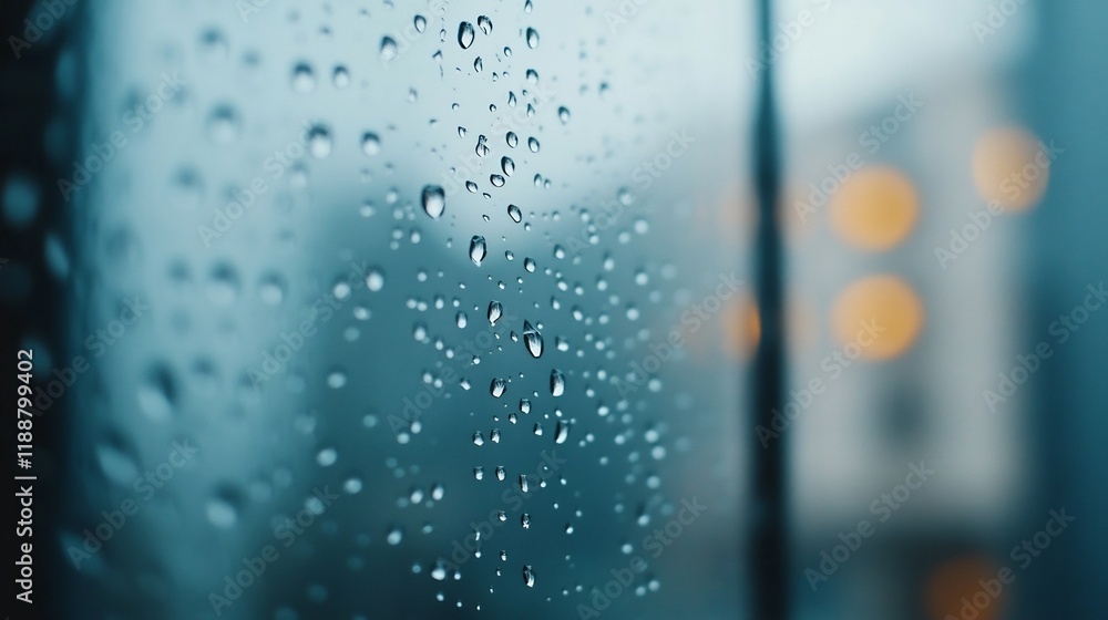Poster close-up of raindrops blurring out soft background with copy space
