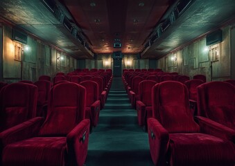 Empty Velvet Seats in a Dark Theater Await an Audience,  Creating a Mysterious Atmosphere of Anticipation.