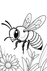 Detailed Line Drawing of a Bee Among Flowers