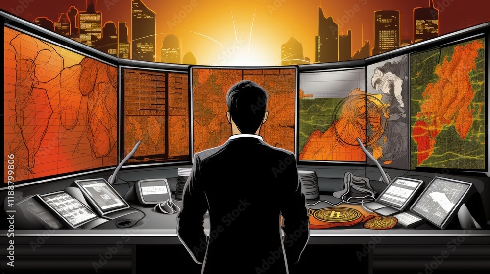 Poster dynamic control room with monitors displaying data and city skyline at sunrise