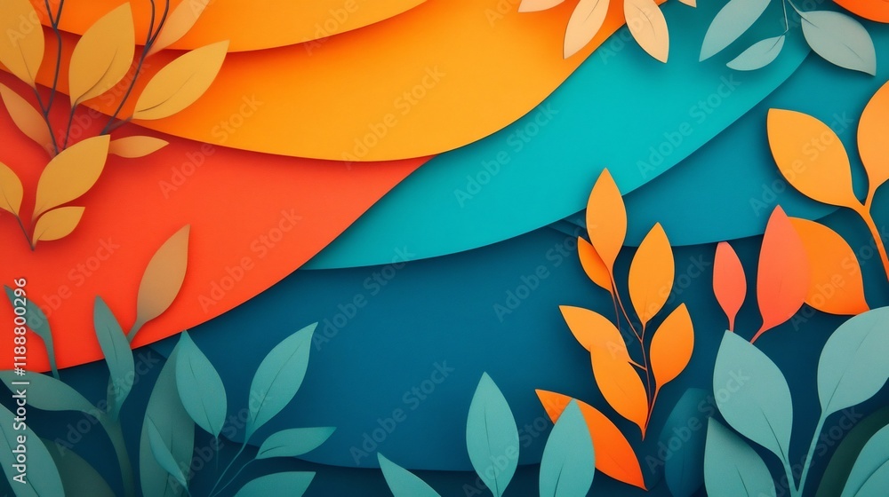 Poster vibrant floating shapes amidst dynamic waveforms in nature-inspired abstract artwork