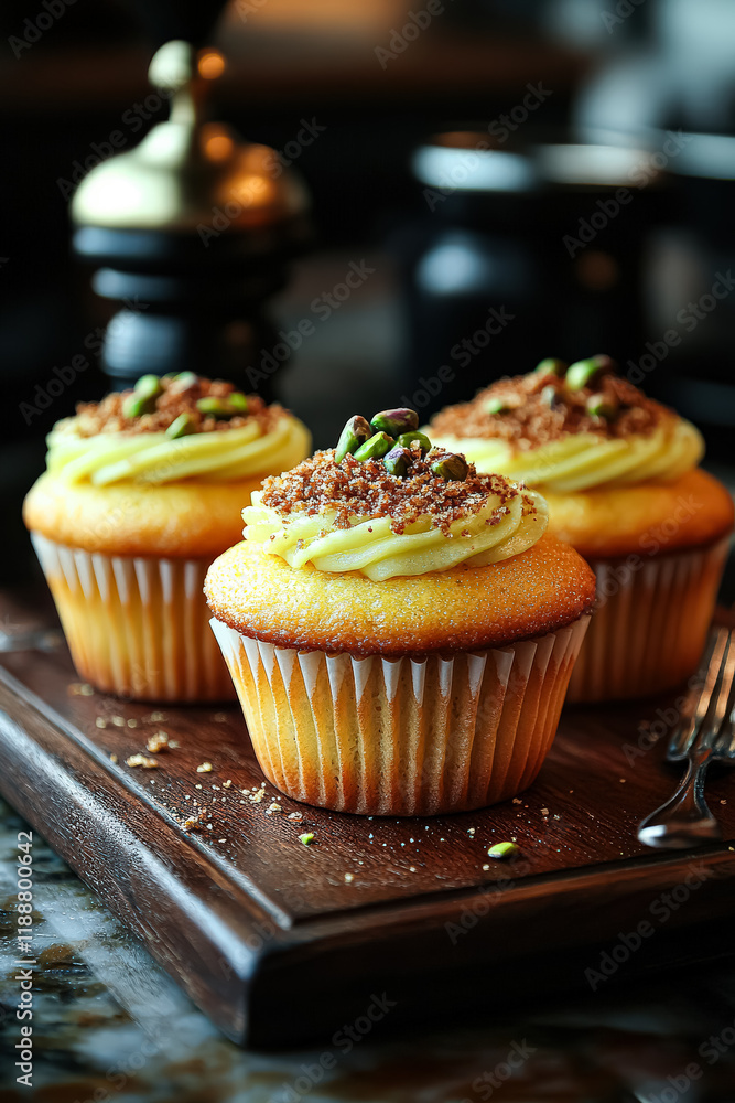 Poster three cupcakes with frosting and nuts on top sit on a wooden board. the cupcakes are arranged in a r