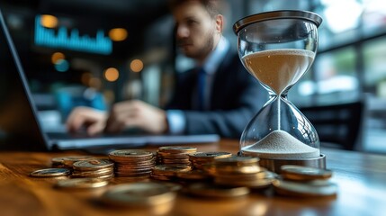 Businessman working on laptop with hourglass and coins.