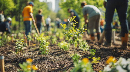 A diverse group of volunteers planting trees in an urban park as part of a community sustainability project, with gardening tools and saplings visible