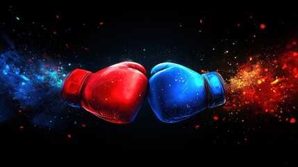 Red and blue boxing gloves clashing, fire and ice effects.