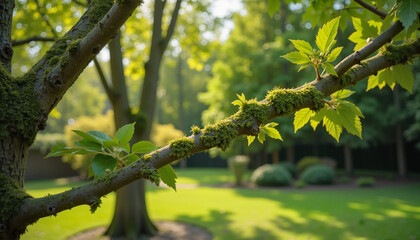 Fototapeta premium Close-up of a moss-covered tree branch with vibrant green leaves in a serene garden setting 
