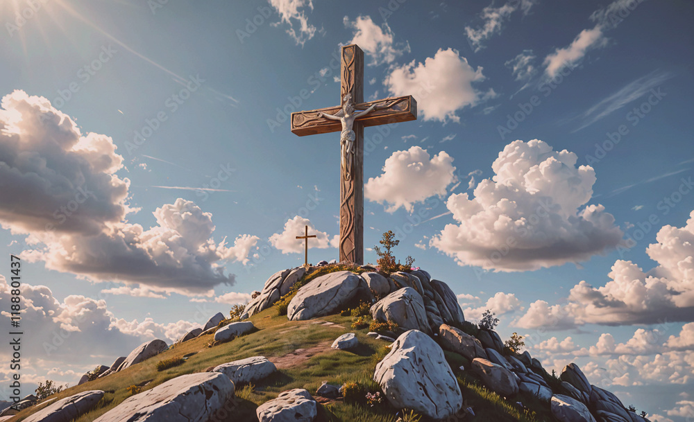 Aufkleber cross is on top of a hill. there are two crosses on the hill. the hill is covered with rocks