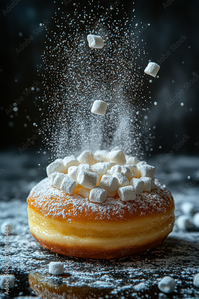 Poster donut covered in powdered sugar and marshmallows. the powdered sugar and marshmallows are falling of