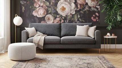 Cozy grey couch with blanket in living room, featuring floral wallpaper and a table lamp. Real photo.