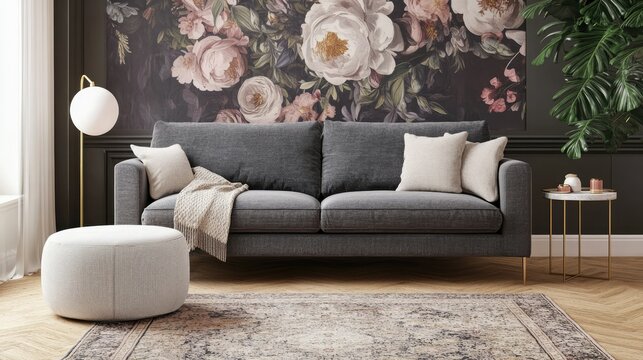 Cozy grey couch with blanket in living room, featuring floral wallpaper and a table lamp. Real photo.