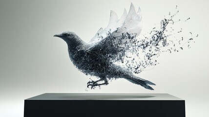 Fototapeta premium An intricate sculpture of bird in flight, composed of delicate wire strands, captures essence of freedom and creativity