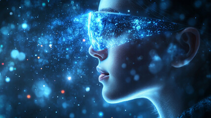 A futuristic scene showing a person wearing smart glasses and interacting with a holographic touchscreen interface, with virtual elements visible in the air