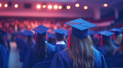 A graduation ceremony with students in caps and gowns, walking across the stage to receive their diplomas, with proud family members and friends in the audience