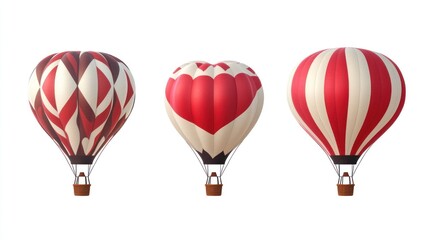 Fototapeta premium Three hot air balloons with different designs isolated on white background.
