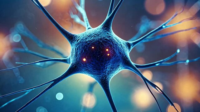 Neuron cell microscopic view, glowing background, neural network, medical research