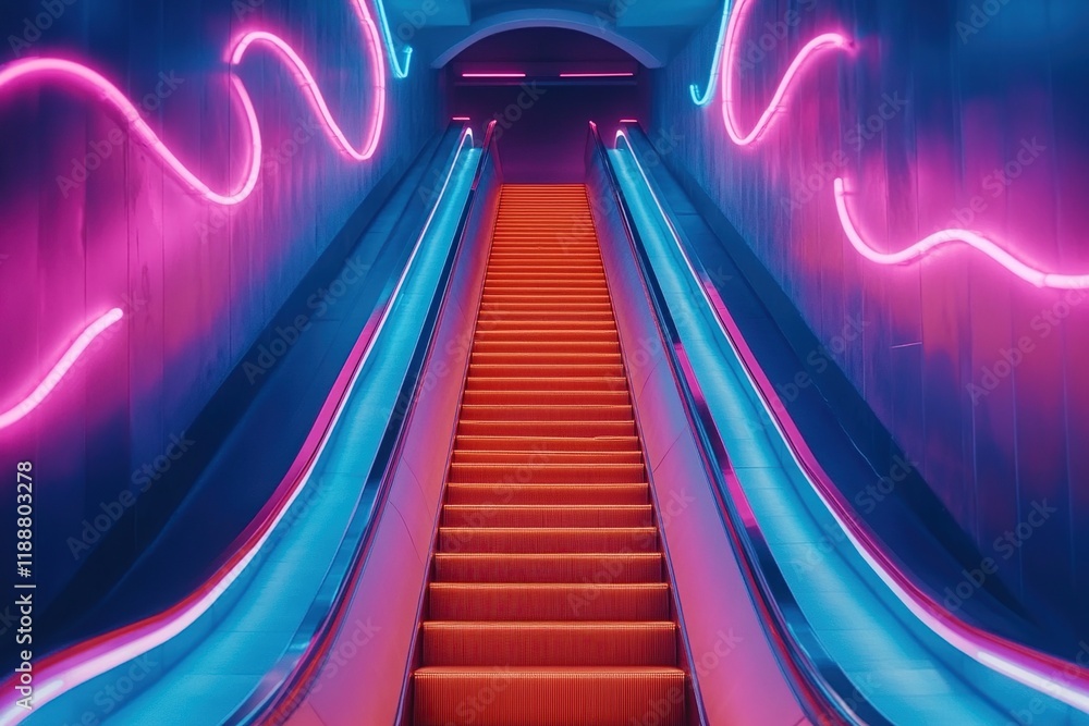 Poster neon-lit escalator ascends through vibrant tunnel, creating a striking visual display of color and l