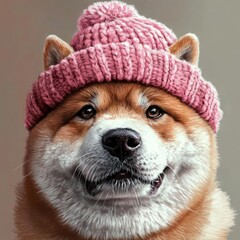 Adorable Shiba Inu Puppy Wearing Pink Knit Hat