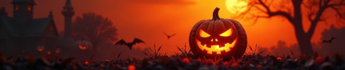 Menacing jack-o'-lantern, glowing intensely, against an ominous orange Halloween sky, celebration, night