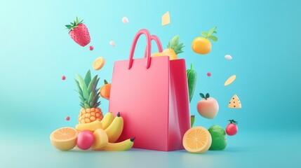 Pink shopping bag overflowing with fresh fruit; oranges, bananas, pineapple, strawberries, and more.