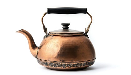 Antique copper kettle with black wooden handle, high-resolution photo on white background,
