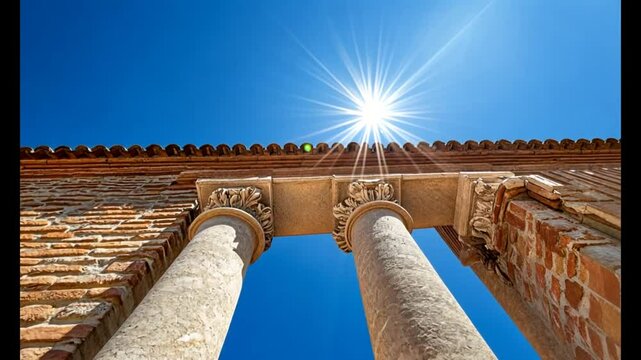 Sunlit Columns Brick Ruin Blue Sky