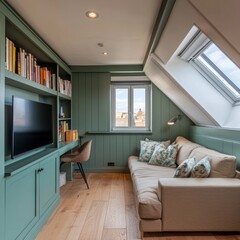 Cozy Attic Apartment with Built-in Bookshelves and Sofa