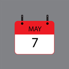 Calendar icon with date May 7 on grey background. Vector schedule symbol.