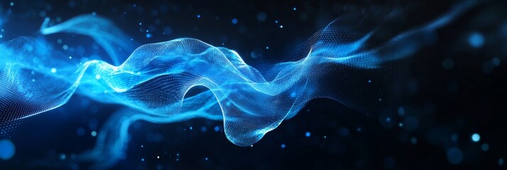 Ethereal blue wave of light and particles in dynamic motion