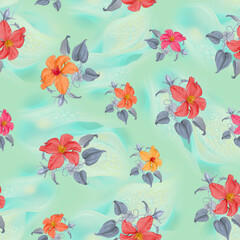 
Description
The image shows a seamless pattern featuring vibrant flowers on a light blue background. The flowers are in shades of red, orange, and pink, each with greenish-gray leaves. The background