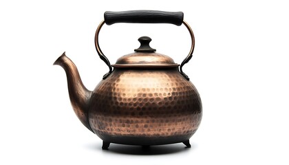 Antique copper kettle with black wooden handle, high-resolution photo on white background,