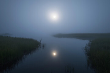 Fototapeta premium Morning fog blankets tranquil river at dawn