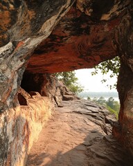 Obraz premium Ancient Cave Entrance Scenic View Overlooking River Landscape