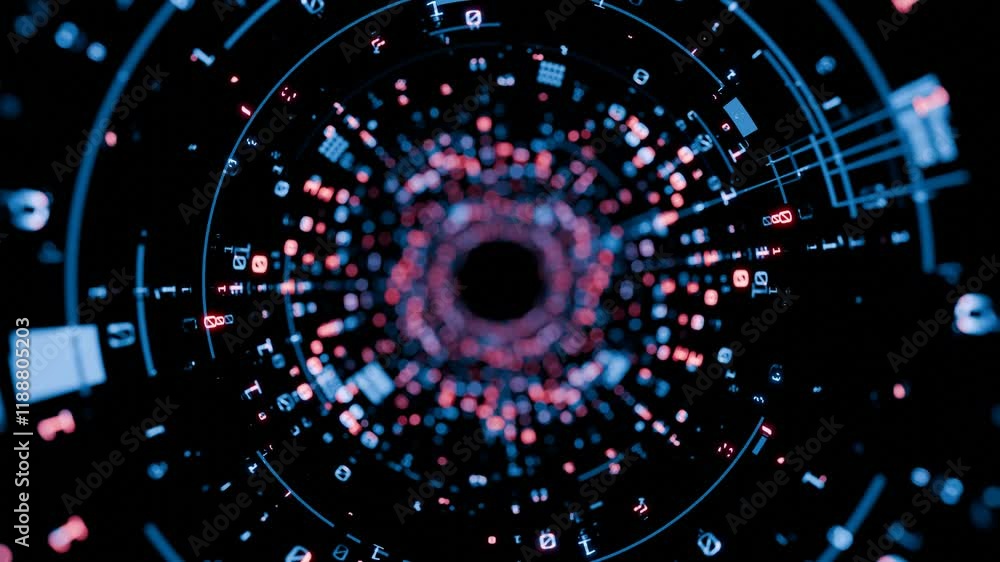 Poster Seamless loop. Digital binary data transmitting. Depth of field effect. Inside AI concept. Machine learning. Technology product background
