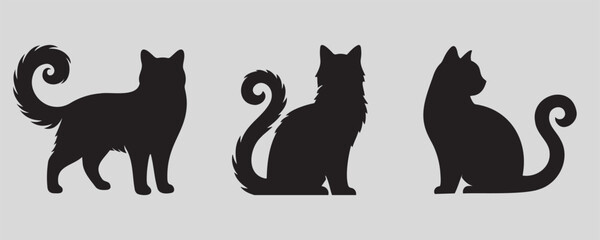 Set of three black cat silhouettes in distinct poses, featuring curled tails and a neutral gray background