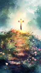 Fototapeta premium A symbolic watercolor of a path leading to a glowing cross on a hilltop, surrounded by blooming flowers and lush greenery, representing a journey of faith and hope