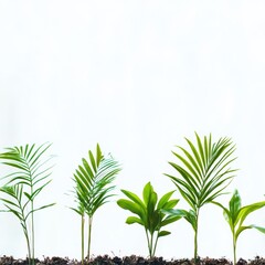 Obraz premium Various young plants of different species are arranged in a neat row, showcasing their lush green leaves. They are rooted in dark soil against a bright white background