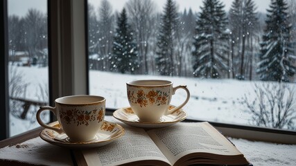 Open book and tea cup by winter window with snowy view