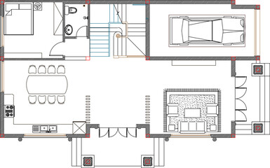 vector sketch, silhouette illustration, site plan design, residential house layout.eps