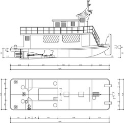 vector sketch, silhouette illustration, technical drawing design of a tugboat for sailing on a river with a size scale.eps