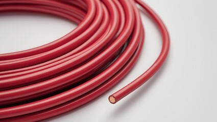Close-Up of Durable Insulated Red Wire Coiled on White Background
