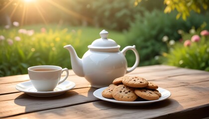 Fototapeta premium Rustic table with teapot and plate of cookies. Garden sunrise bokeh background